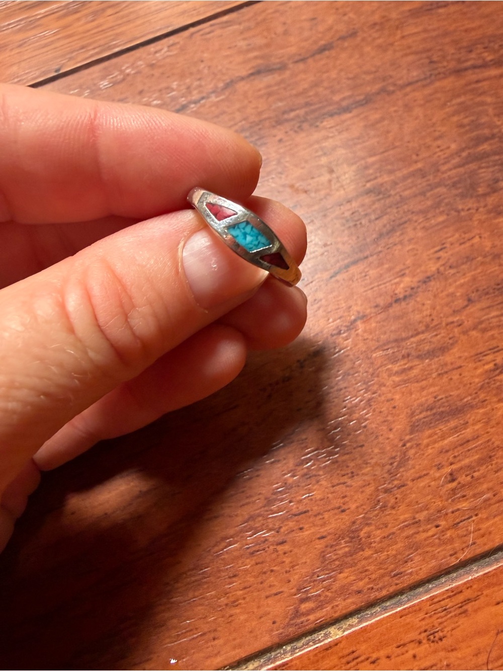 Vintage Turquoise Blue and Coral Pink Inlay Ring - Women’s Ring